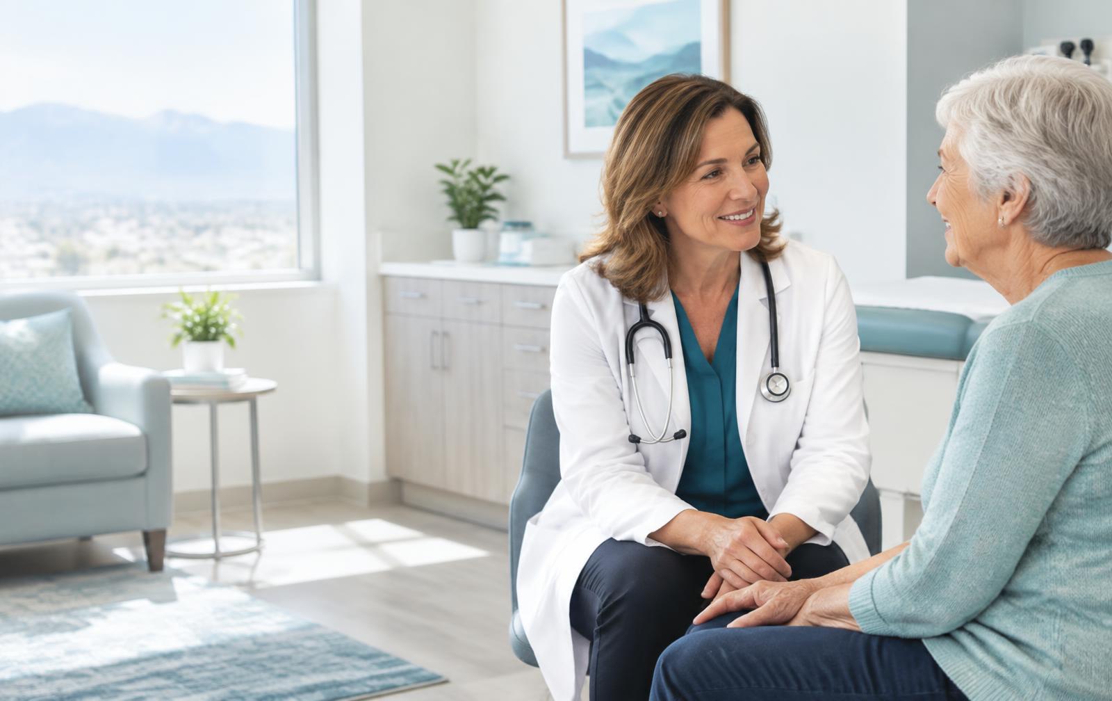 A physician listening to an older patient